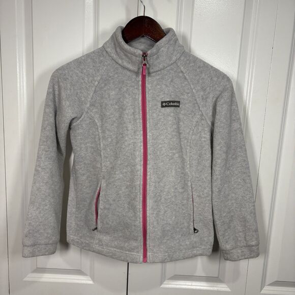 Columbia Women’s Fleece Jacket Medium Gray Full Zip Pink Trim Outdoor Hiking - Picture 1 of 7